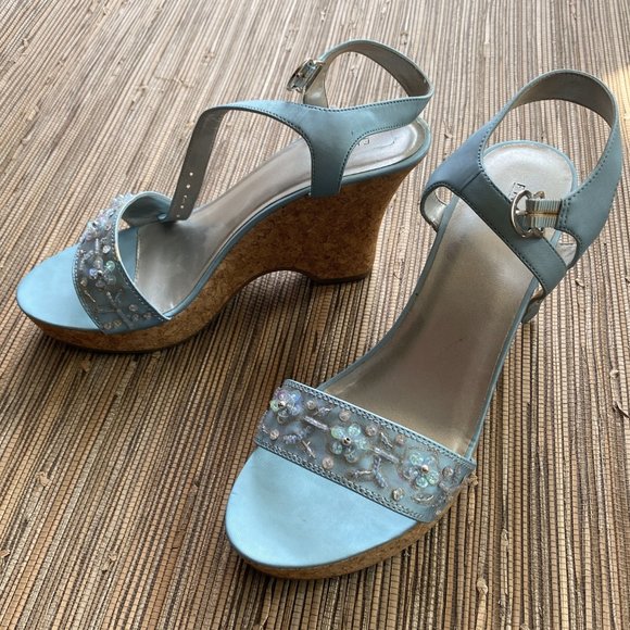 Fioni Baby Blue Satin Shoes with Embellishments & Cork-Wedge Sandals - Size 11W - Picture 5 of 10